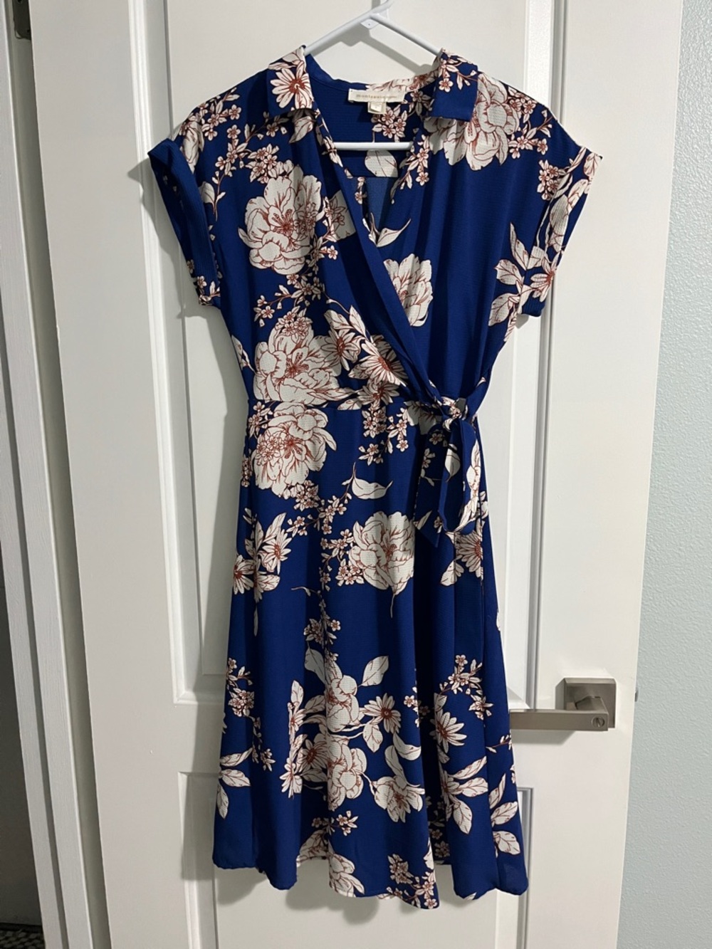 Monteau Navy Floral Wrap Midi Dress with Cream Print